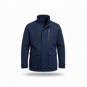 Men’s Navy Blue Winter Jacket – Stand Collar, Zipper Pockets, Warm & Stylish Casual Wear