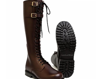 Men's Brown Leather Knee High Combat Boots | Lace Up Buckle Biker Riding Style