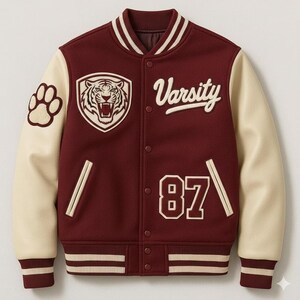 May include: Maroon varsity jacket with cream-colored sleeves. Features a tiger crest, paw print, and the word "Varsity" in white. The number "87" is also displayed. The jacket has a button-up front and striped cuffs.