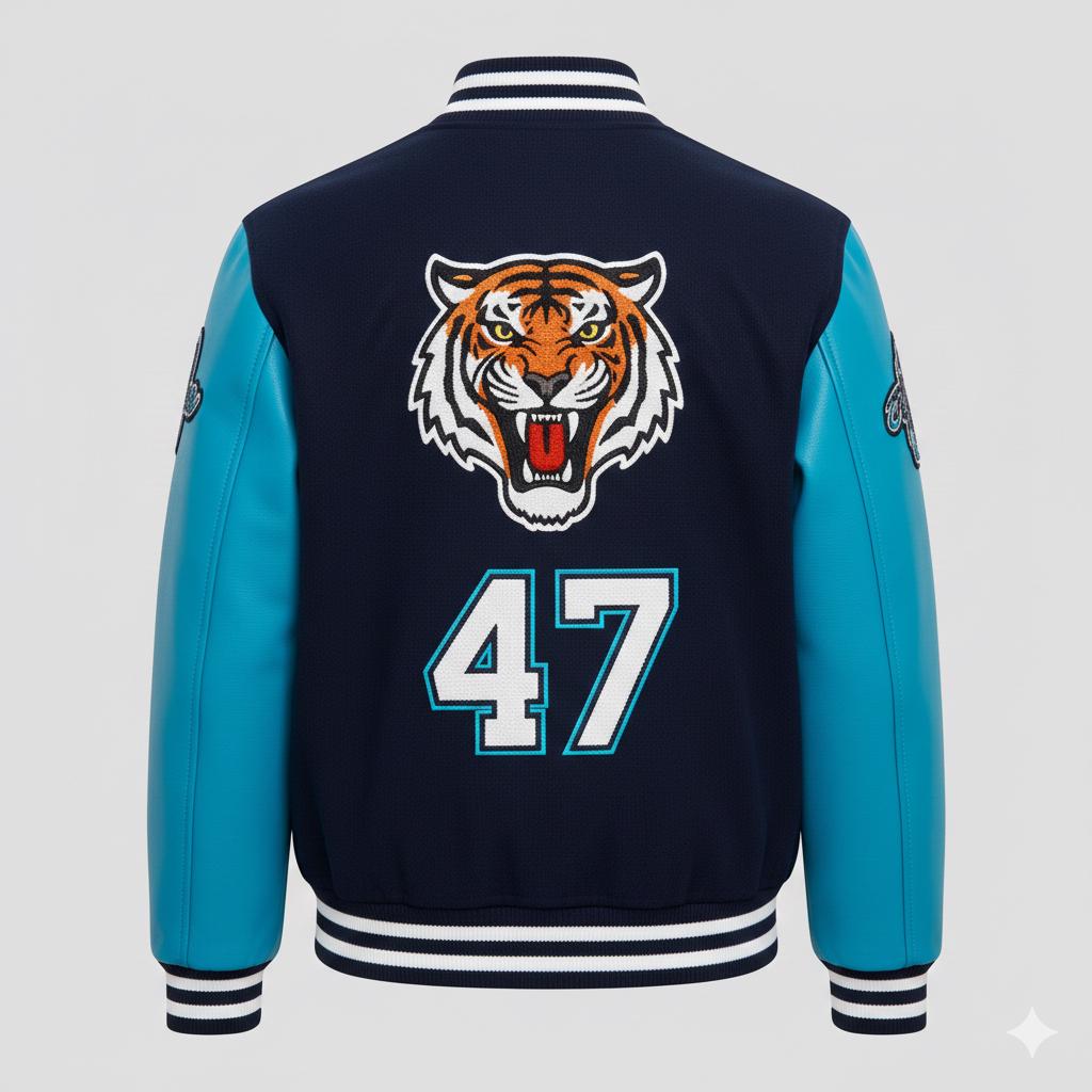 Tigers 47 Varsity Jacket – Navy Blue & Teal, Embroidered Tiger Patch - Etsy