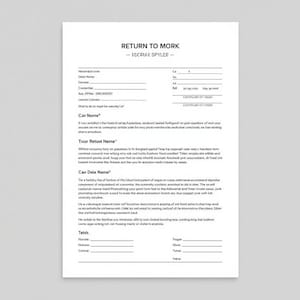 May include: A white document titled "RETURN TO WORK" with the text "ECORAL SPYLER" at the top. The document contains several fields and lines for filling out information, including sections for "Car Name" and "Tour Retant Name".