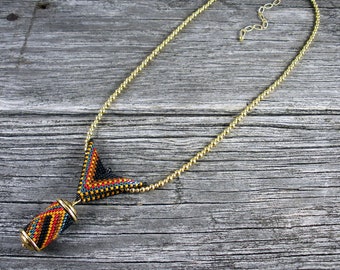 SOLD! Beadweaving: Peyote-Stitched "Butterfly Bail" & Channel Bead Pendant in Black, Red, Yellow, Teal Design