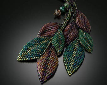 SOLD! Beadweaving: Lariat-Style Rope necklace with "American" Leaves -- Burgundy, Teal, Green Iris