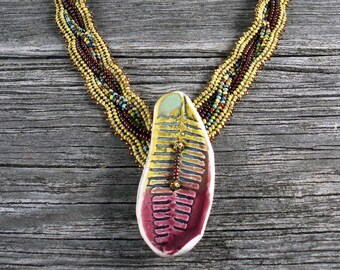 SOLD! Beadweaving: Cable-Stitched Herringbone Necklace with Ceramic Leaf Closure