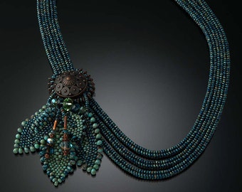 SOLD! Triple Herringbone Necklace in Earthy Blue with Removable Leaf Cluster & Antique Copper Button Front Closure