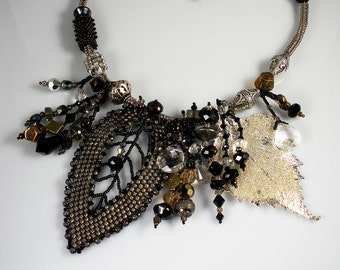 SOLD! Beadweaving: Herringbone Rope with Beadwoven "Russian Leaf" - Silver, Grey Alabaster, Amber