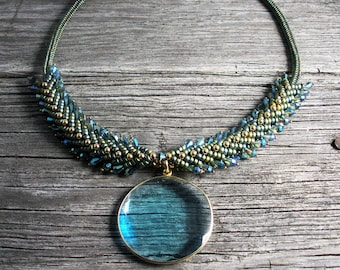 SOLD! Beadweaving: Blue Chalcedony Disk Pendant Supported by Quadruple St. Petersburg Crystal Necklace