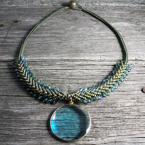 SOLD! Beadweaving: Blue Chalcedony Disk Pendant Supported by Quadruple St. Petersburg Crystal Necklace