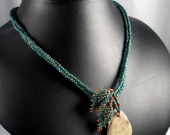 SOLD! Beadweaving: Leafy Petoskey Stone Pendant and Triangular Rope Necklace - Teal/Copper