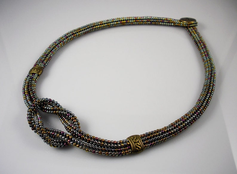SOLD Herringbone Knotted Necklace in Galvanized Metallic Blue/gold