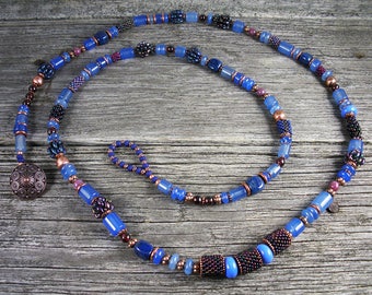 SOLD! Beadweaving: Blue Quartz and Beaded Bead Rope with Lapis, Ruby & Garnet
