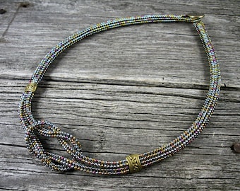 SOLD! Herringbone Knotted Necklace in Galvanized Metallic Blue/Gold Blend