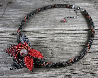 SOLD! Beadweaving: Peyote Rope Necklace with Beaded Flower in Red & Grey -- with Murano Glass Bead Accents