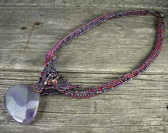 SOLD! Beadweaving: African Polygon Rope with Agate Pendant, Butterfly Bail -- Amethyst and Ruby Colors