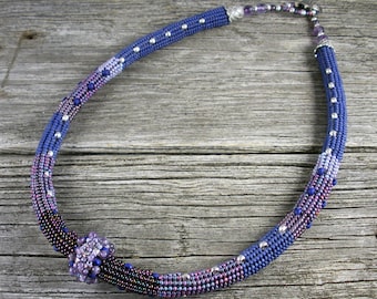 SOLD! Beadweaving: Banded Herringbone Rope in Purple Shades with Amethyst Beaded Focal