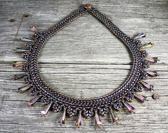 SOLD! Beadweaving:  Superduo Petite "Collar" Necklace in  Bronze-Iris with Swarovski Crystal