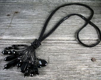 SOLD! Beadweaving: Black Onyx & Glass Briolet Fringed Necklace