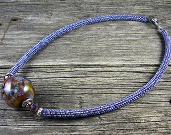 SOLD! Beadweaving: Peyote Necklace with Large, Round Lampwork Bead - Blue/Purple/Mauve