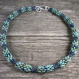 SOLD! Beadweaving: Sculptured Peyote-Stitched Superduo Rope in Shades of Earthy Green & Blue