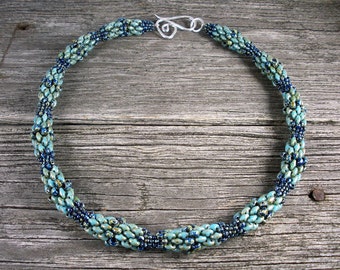 SOLD! Beadweaving: Sculptured Peyote-Stitched Superduo Rope in Shades of Earthy Green & Blue