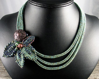 SOLD! Triple Herringbone Necklace in Earthy Green with Removable Leaf Cluster & Antique Copper Button Front Closure