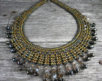 SOLD! Beadweaving:  Superduo "Coveted Collar" Necklace in Bronze/Blue with Swarovski & Czech Crystal