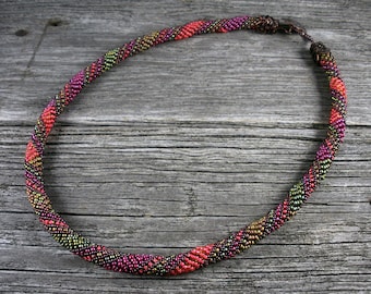 SOLD! Beadweaving: Russian Spiral Rope Necklace in Coral, Green & Burgundy
