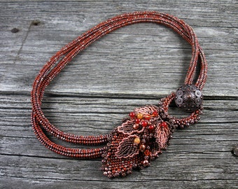 SOLD! Beadweaving: Double Herringbone Necklace in Terra Cotta/Copper with Leaf Cluster & Antique Copper Button Front Closure