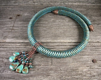 SOLD! Beadweaving: Thick Rope Choker in Turquoise (Green) with Turquoise & Crystal Pendant