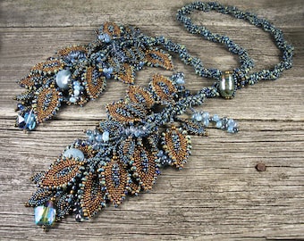 SOLD! - Spiral Rope Lariat with Russian Leaves - Earthy Blue/Brown w/ Crystal & Bronze Embellishments