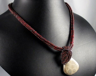 SOLD! Beadweaving: Leafy Petoskey Stone Pendant and Triangular Rope Necklace - Dark Red/Gunmetal
