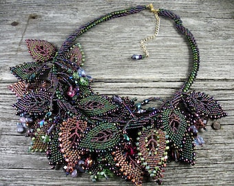 SOLD! Beadweaving: Spiral Necklace with Russian Leaves - Deep Green, Amethyst, Burgundy