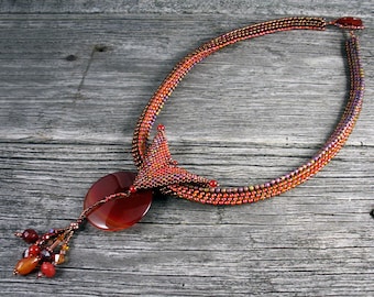 SOLD! Beadweaving: African Polygon Rope with Carnelian Button Pendant, Butterfly Bail
