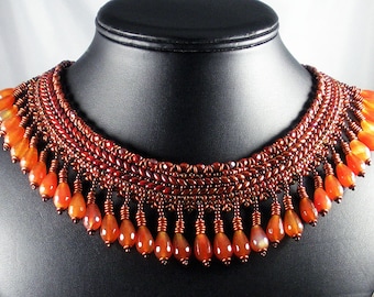 SOLD! Beadweaving:  Superduo Petite "Collar" Necklace in Copper with Carnelian Briolets