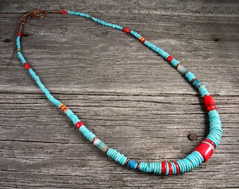 SOLD! Exquisite "Sleeping Beauty" Turquoise Necklace Accented with Red Coral, Apple Coral, Agate, and Copper