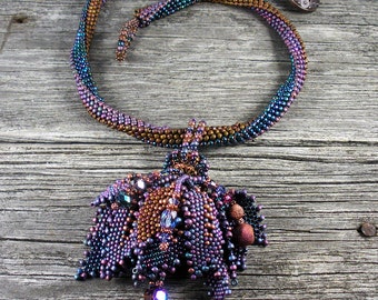 SOLD! Beadweaving: African Polygon Necklace - Leafy Cluster with Raku Beads & Swarovski Crystal