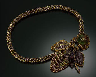 SOLD! Chenille-Stitched Necklace in Burgundy, Gold, Green with Leaf Cluster & Antique Glass Button Side Closure