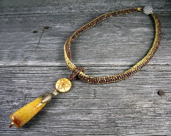 SOLD! Beadweaving: African Polygon Rope in Earthy Picasso Seed Bead Bead Mix with Lampwork & Carved Horn Pendant