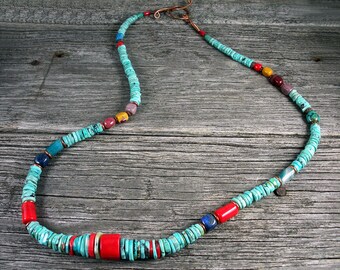 SOLD! Exquisite Turquoise Necklace Accented with Red Coral, Lapis, Agate, Mookite, Copper