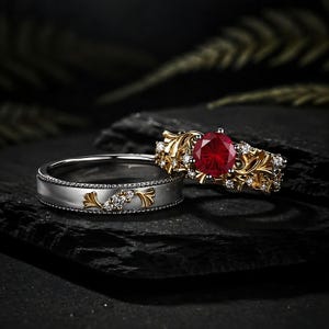 Conjunto de anillo de rubí con hojas de oro de dos tonos, alianza de compromiso con corte de fuegos artificiales (plata de ley 925)