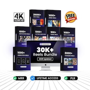 May include: A digital product bundle with the text "30K+ Reels Bundle 2025 Updated" displayed on a computer screen. The image includes several product boxes with titles like "Anime Reels" and "Faceless Reels", along with "4K Ultra HD" and "Free Bonus!" labels.