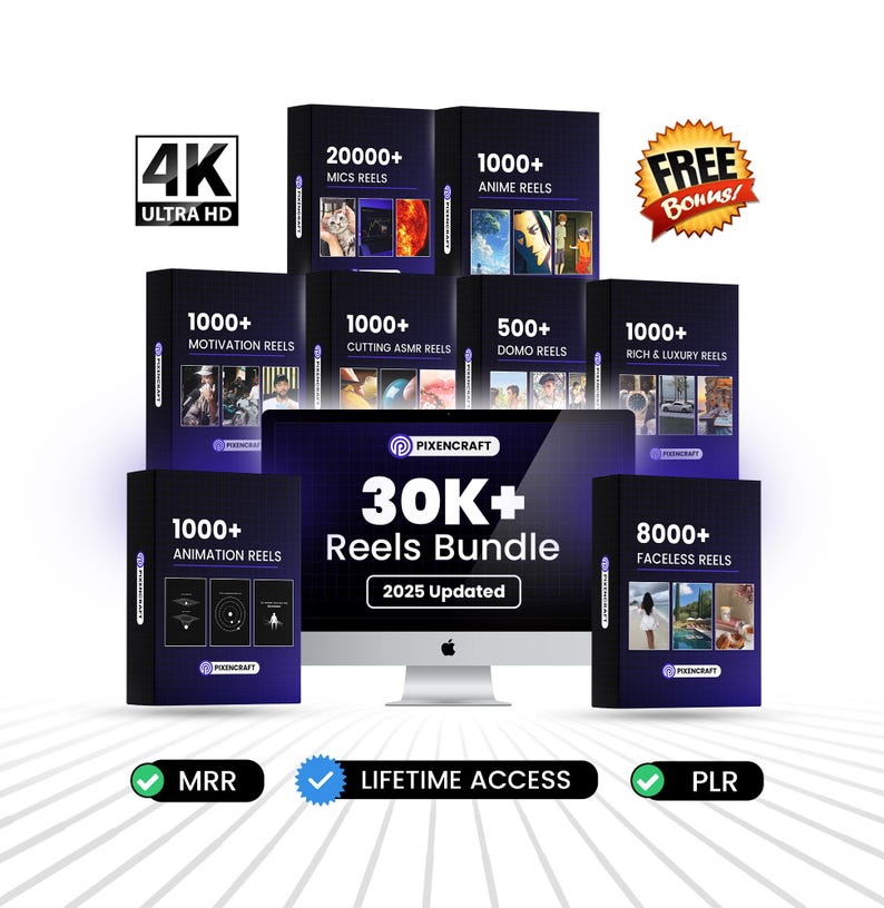 May include: A digital product bundle with the text "30K+ Reels Bundle 2025 Updated" displayed on a computer screen. The image includes several product boxes with titles like "Anime Reels" and "Faceless Reels", along with "4K Ultra HD" and "Free Bonus!" labels.