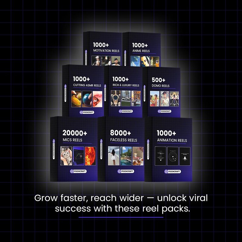May include: A collection of dark blue boxes with white text, each labeled with a different reel category, such as "Motivation Reels" and "Anime Reels." The boxes are stacked, and the bottom of the image contains the text: "Grow faster, reach wider - unlock viral success with these reel packs."