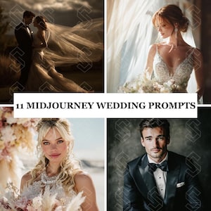 Peut inclure: Un collage de quatre images sur le thème du mariage. En haut à gauche, un couple en tenue de soirée, en haut à droite, une mariée en robe blanche, en bas à gauche, une mariée avec des fleurs et en bas à droite, un homme en smoking. Le texte indique "11 Midjourney Wedding Prompts."