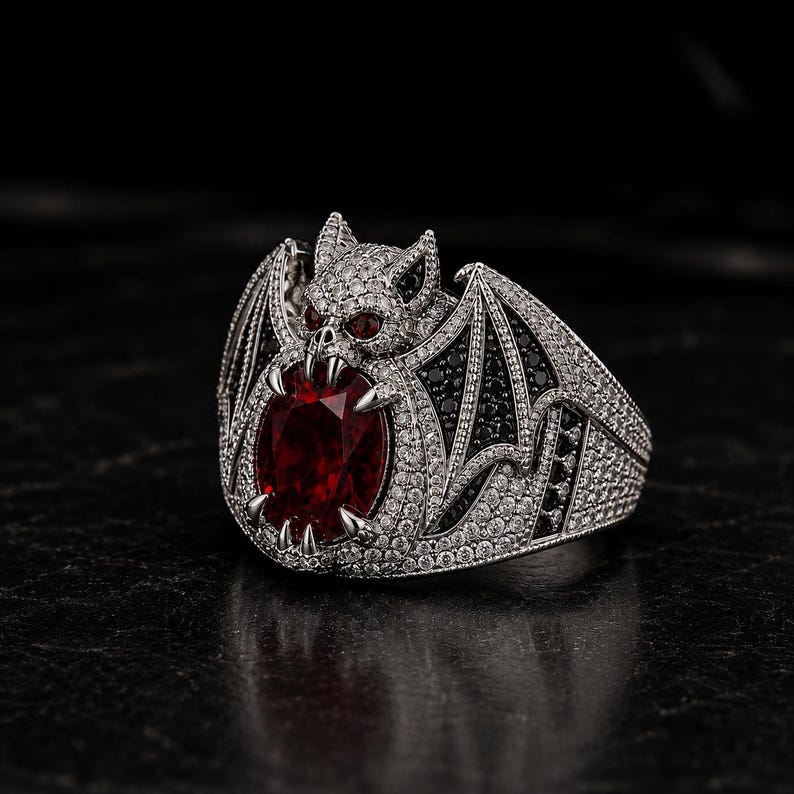 Side angle closeup of gothic bat wing ring with large red ruby center stone, black gemstone accents, and detailed silver pave setting. Luxury fantasy statement ring inspired by vampire and dragon themes, gothic jewelry for women and men, Halloween ring, dark aesthetic accessory, alternative fashion jewelry, biker ring, cosplay accessory, unique gothic engagement ring, handmade fantasy cocktail ring with bold dramatic design.