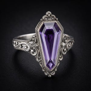 Anello vintage gotico con ametista taglio bara, anello vistoso in argento antico, anello di fidanzamento da strega, gioiello vittoriano regalo per donna, anello fatto a mano
