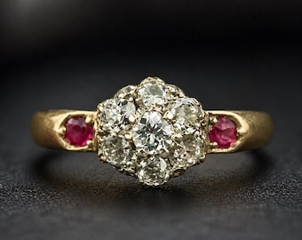 Vintage Diamond Cluster Ring, Ruby Accent Gold Ring, Antique Engagement Ring, Art Deco Style Promise Ring, Unique Bridal Jewelry Gift Woman