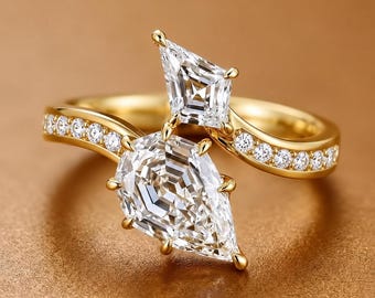 Kite Cut Moissanite Diamond Engagement Ring, Curved Gold Ring, Unique Promise Ring, Art Deco Bridal Ring, Anniversary Gift, Handmade Jewelry
