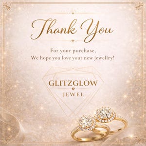 Elegant thank you card for jewelry purchase featuring a luxury gold aesthetic with sparkling engagement rings and GlitzGlow Jewel branding. This appreciation card enhances the unboxing experience, expressing gratitude to customers for their purchase. Perfect for moissanite engagement rings, bridal jewelry, anniversary gifts, and small business packaging, adding a premium and memorable touch to every order.