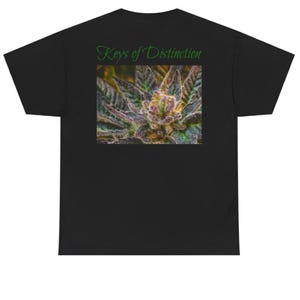 May include: Black t-shirt featuring a close-up of a cannabis bud with purple, green, and yellow hues. The shirt has the text "Keys of Distinction" in green script above the image. The t-shirt is made of a soft, comfortable material.